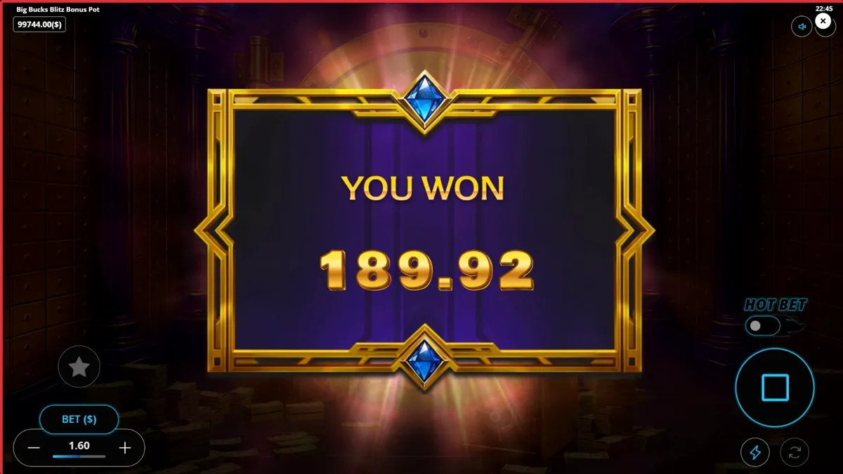 Tampilan visual mewah slot Big Bucks Blitz Bonus Pot dengan latar belakang brankas emas